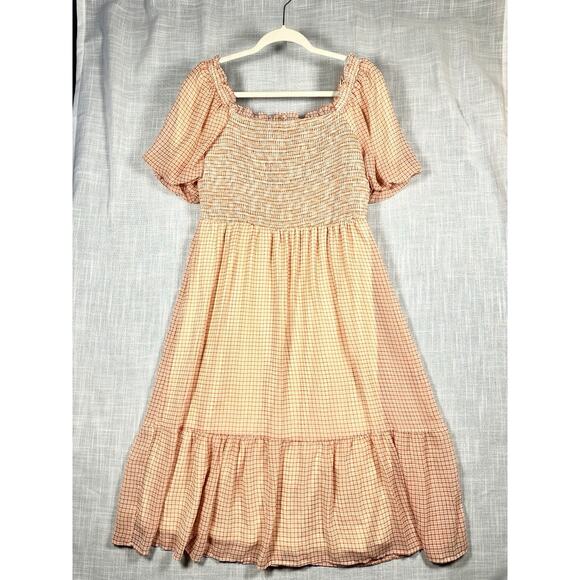 Lauren Conrad Cooper Plaid Puff Sleeve Square Neck Smocked Peasant Dress Sz L - Picture 2 of 9